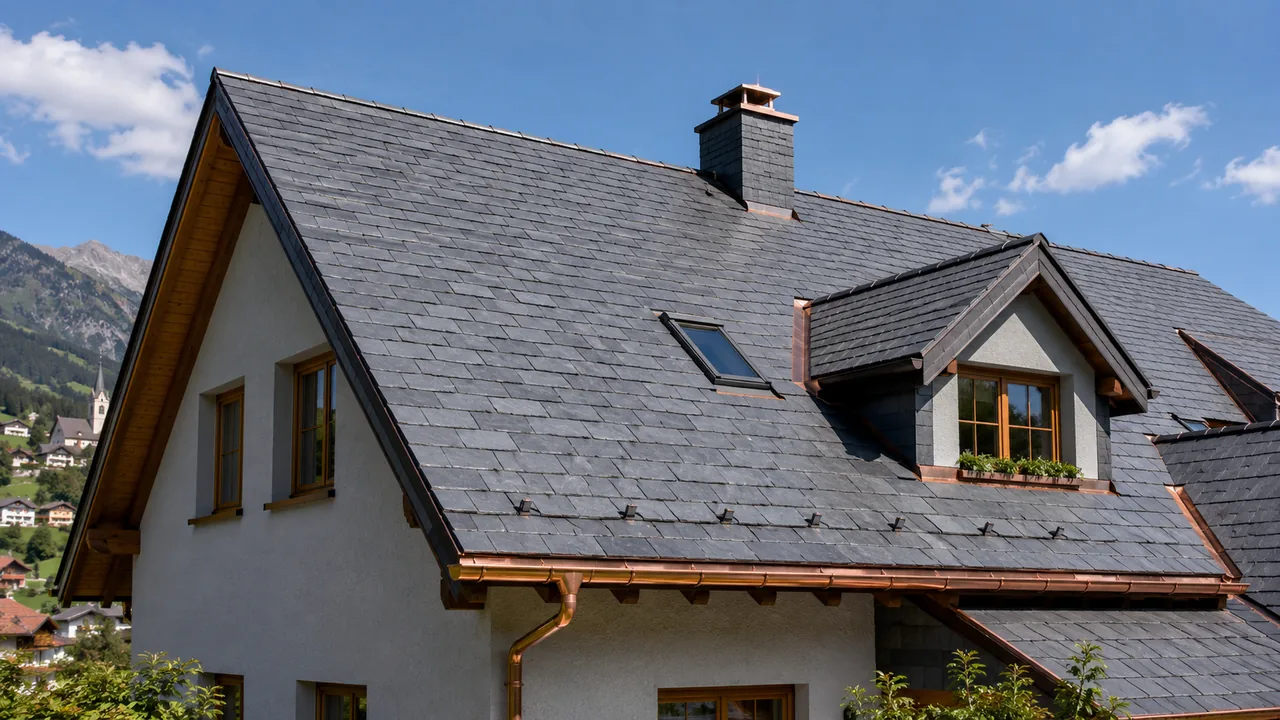Wohnhaus mit fachgerecht gedecktem Schieferdach, Gaube, Dachfenster und Kupferrinne vor alpiner Bergkulisse als Beispiel für ein saniertes Naturschieferdach.