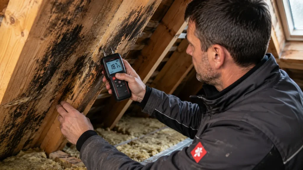 Ein Sachverständiger misst mit einem Feuchtigkeitsmessgerät den Wassergehalt eines schimmelbefallenen Holzbalkens im Dachstuhl, um die Ursache des Schimmels zu finden.