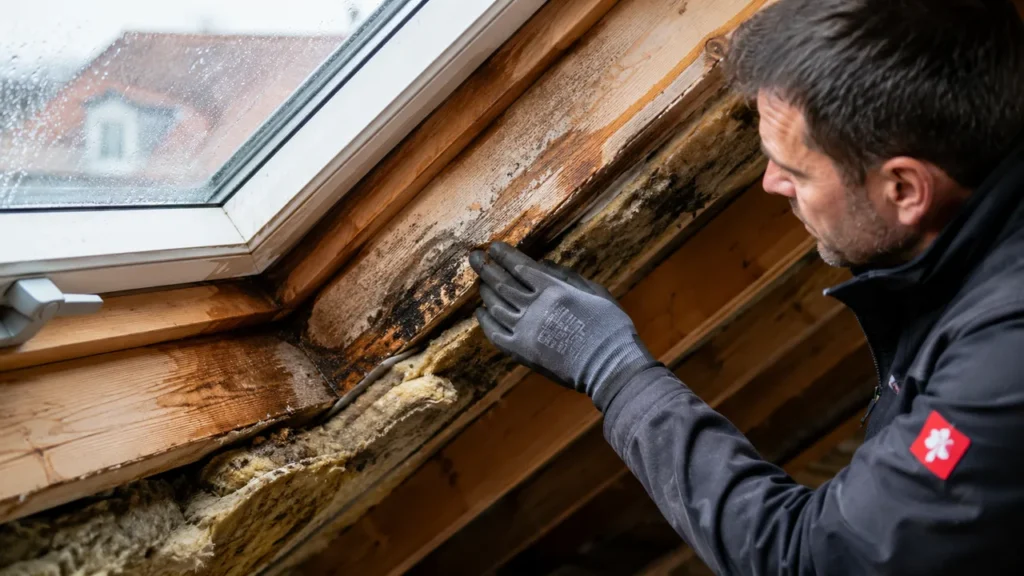Ein Handwerker mit Schutzhandschuh untersucht den schwarzen Schimmel am feuchten Holzrahmen eines Dachfensters im Dachstuhl.