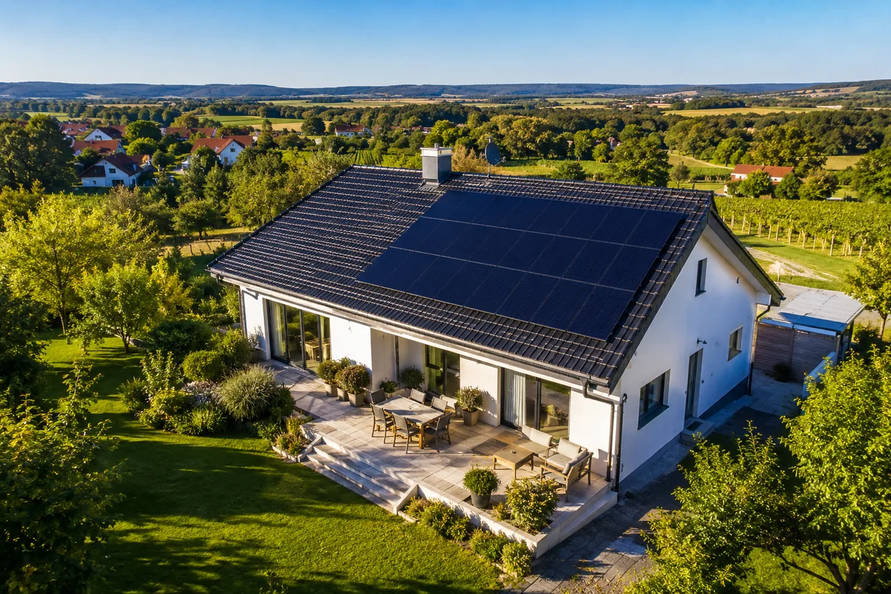 Luftaufnahme eines sanierten Einfamilienhauses, dessen Dachfläche vollständig mit einer Photovoltaikanlage belegt ist, als Ergebnis von Dachsanierung und PV-Montage in einem Arbeitsgang.