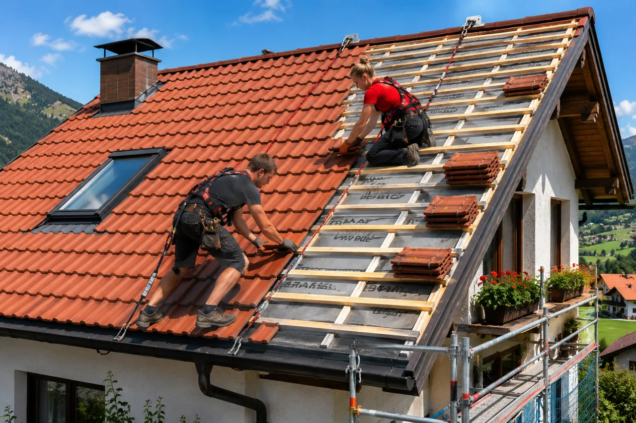 Zwei angeseilte Dachdecker verlegen bei sonnigem Sommerwetter neue rote Dachziegel und nutzen damit eine günstige Jahreszeit für die Dachsanierung.