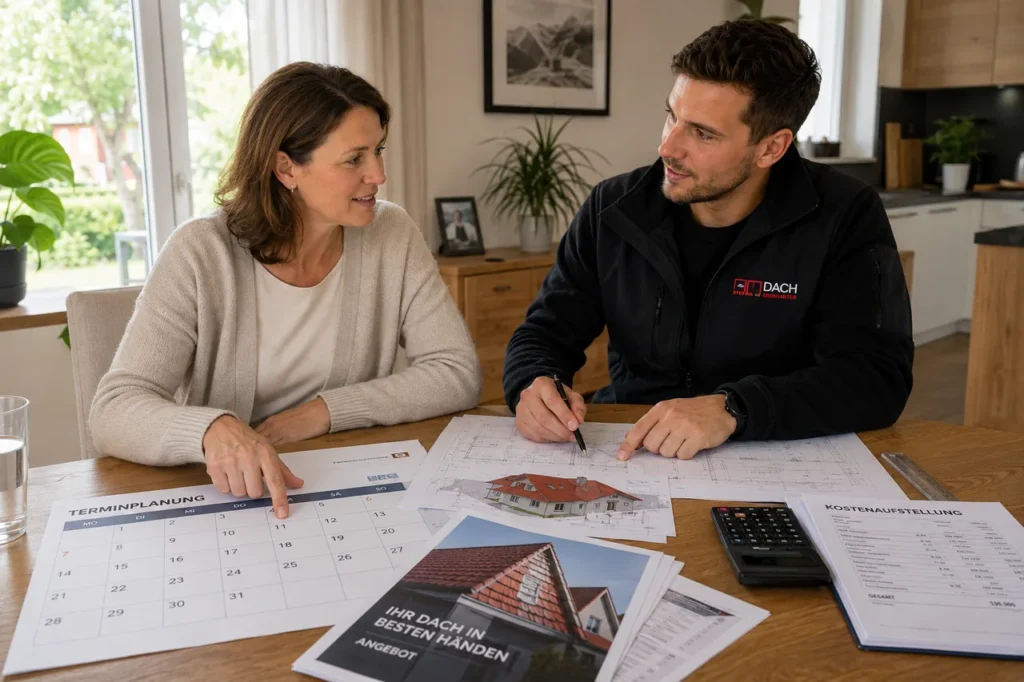 Eine Frau und ein Dachdecker sitzen am Tisch und stimmen anhand von Kalender, Bauplan und Kostenaufstellung den passenden Zeitpunkt für die Dachsanierung ab.