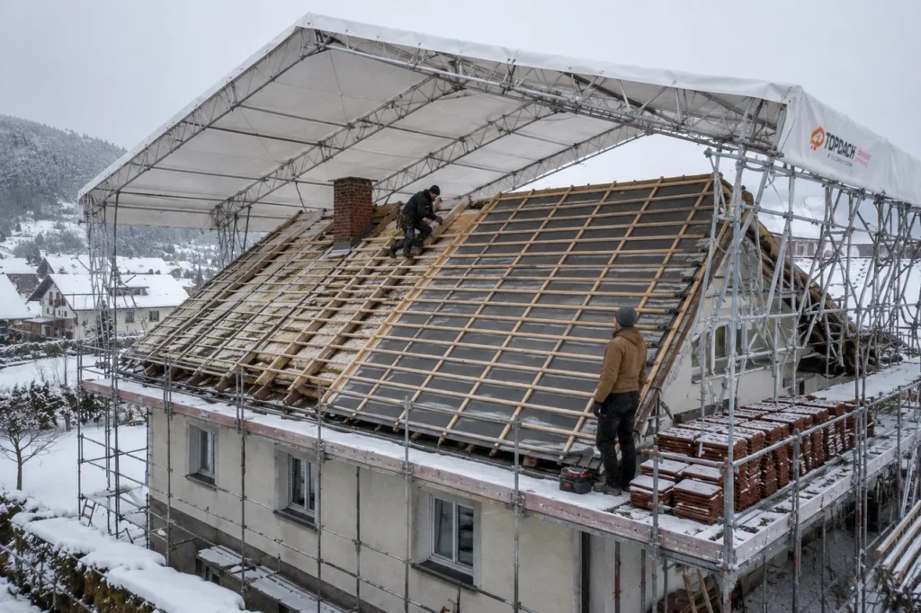 Zwei Dachdecker arbeiten im Winter unter einem temporären Schutzdach am abgedeckten Dachstuhl und zeigen, dass eine Dachsanierung auch in der kalten Jahreszeit möglich ist.