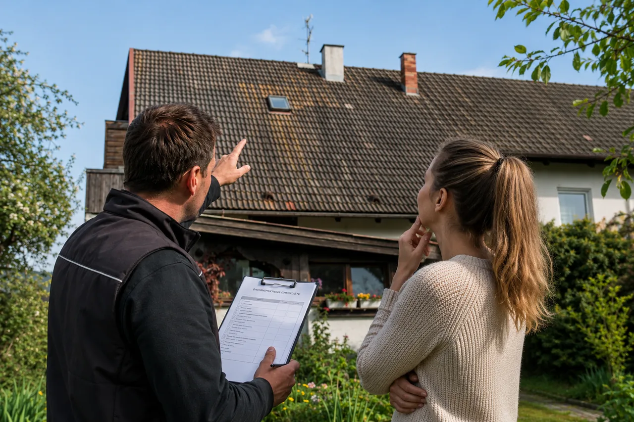 Sachverständiger begutachtet mit einer Checkliste gemeinsam mit der Erbin das gealterte, teils bemooste Ziegeldach eines geerbten Hauses.