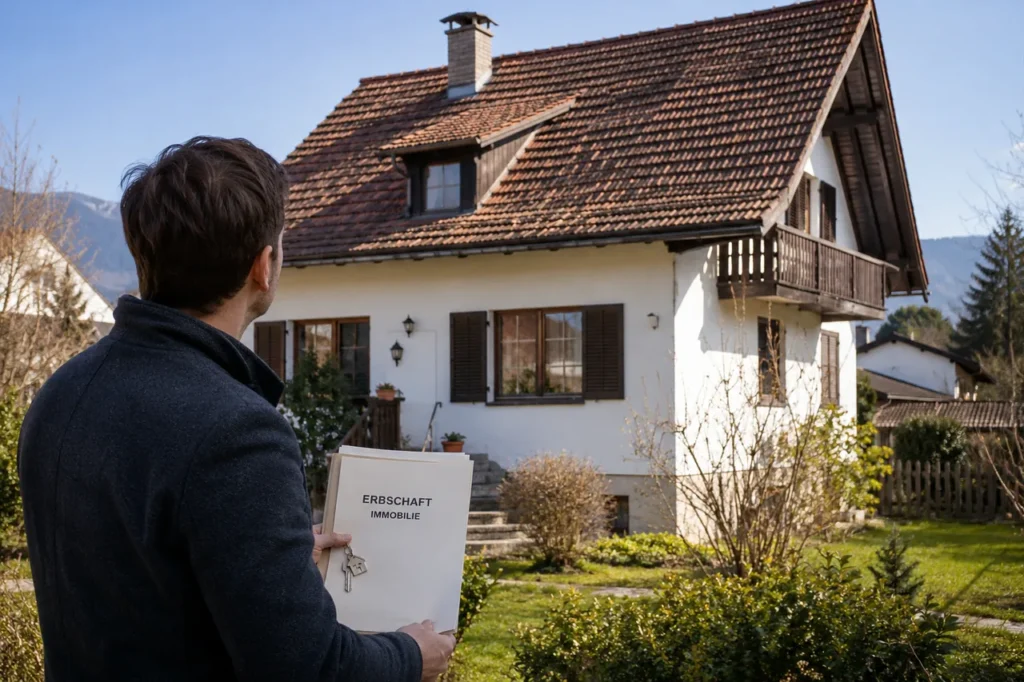Erbe betrachtet ein geerbtes Einfamilienhaus mit Ziegeldach und hält eine Mappe mit der Aufschrift Erbschaft Immobilie samt Hausschlüssel.