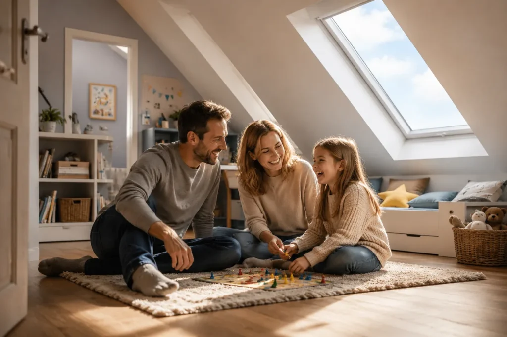 Eltern und ihre Tochter spielen fröhlich ein Brettspiel auf dem Boden eines hellen Zimmers unter dem Dachfenster, das durch den Dachausbau für den Nachwuchs entstanden ist.