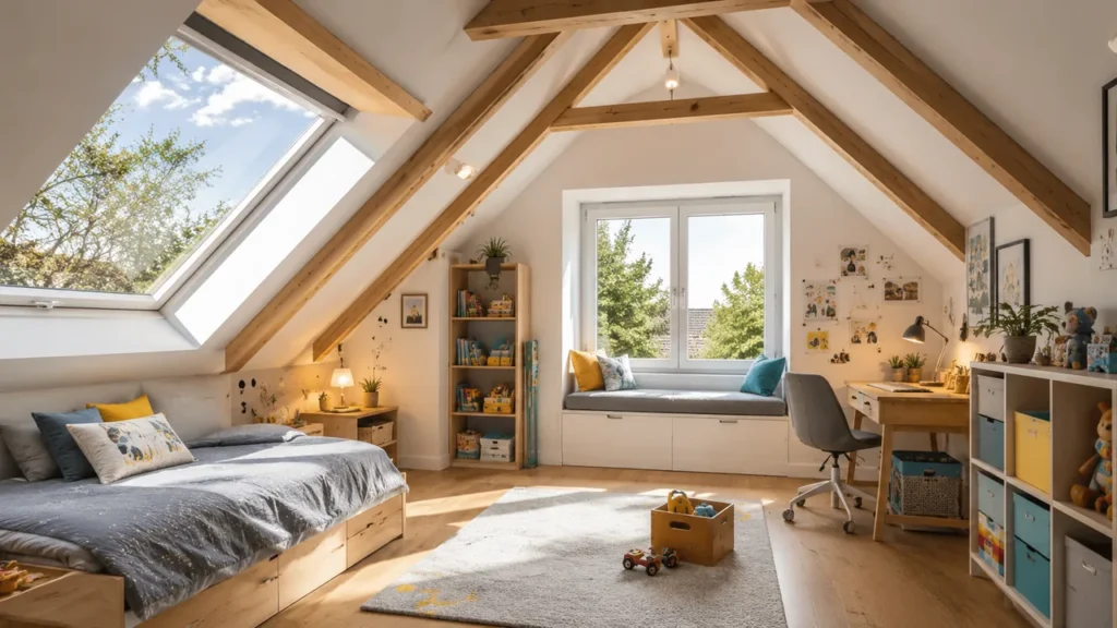 Ein helles, gemütlich eingerichtetes Kinderzimmer mit Dachschrägen, sichtbaren Holzbalken und Dachfenstern als Ergebnis eines Dachausbaus für den Nachwuchs.