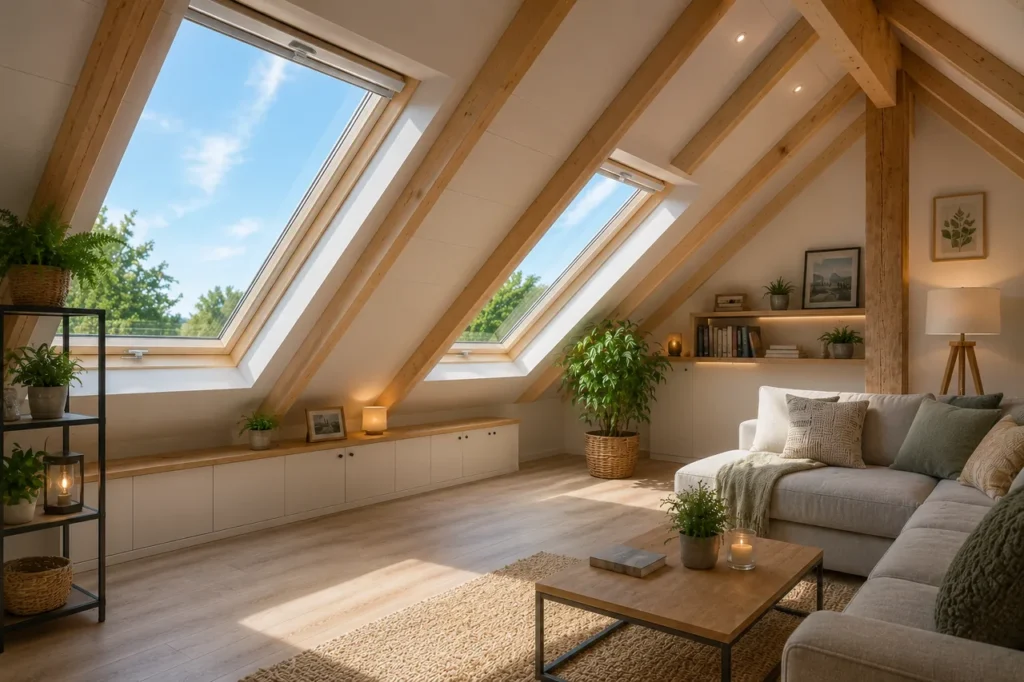 Gemütlich ausgebautes Dachgeschoss mit gedämmter Dachschräge, Dachfenstern, Holzbalken und Sofa als hell erschlossener Wohnraum.