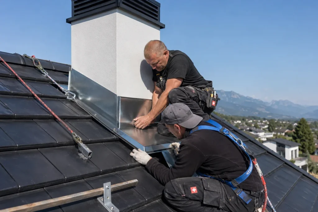 Dachdecker und Spengler arbeiten gemeinsam am Kaminanschluss eines Ziegeldachs an Eindeckung und Blecharbeiten.