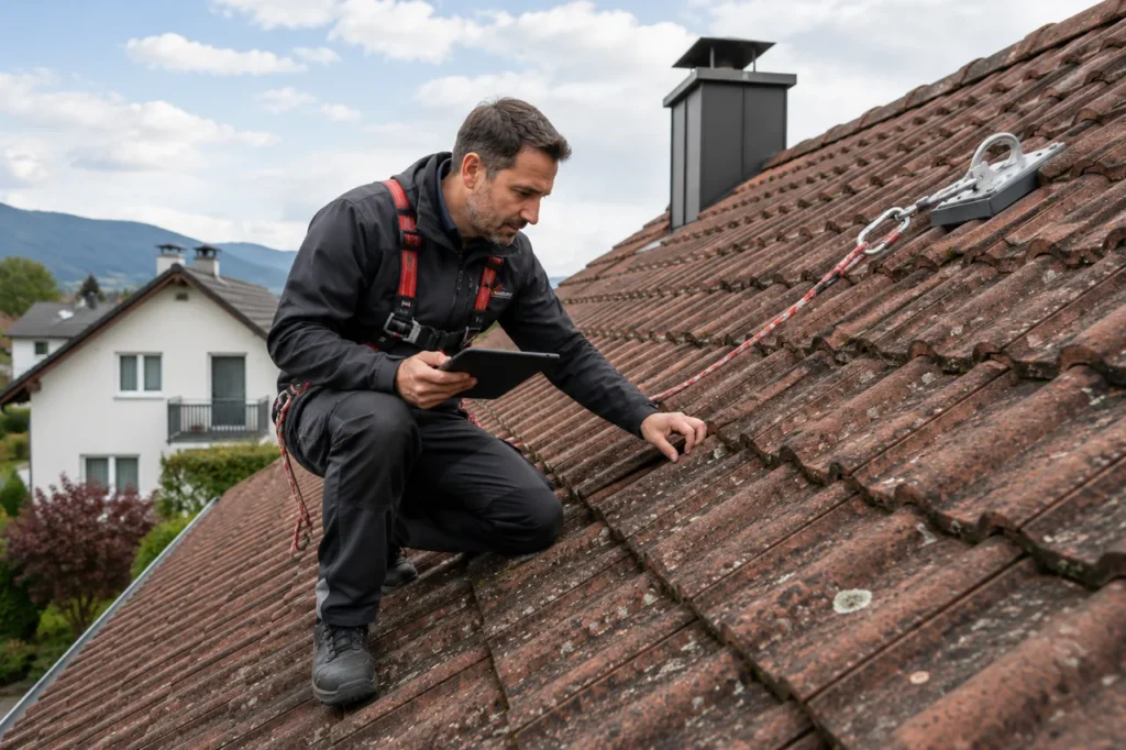 Handwerker prüfen das Ziegeldach eines Einfamilienhauses, während ein Kollege Werkzeug vom offenen Servicefahrzeug holt.