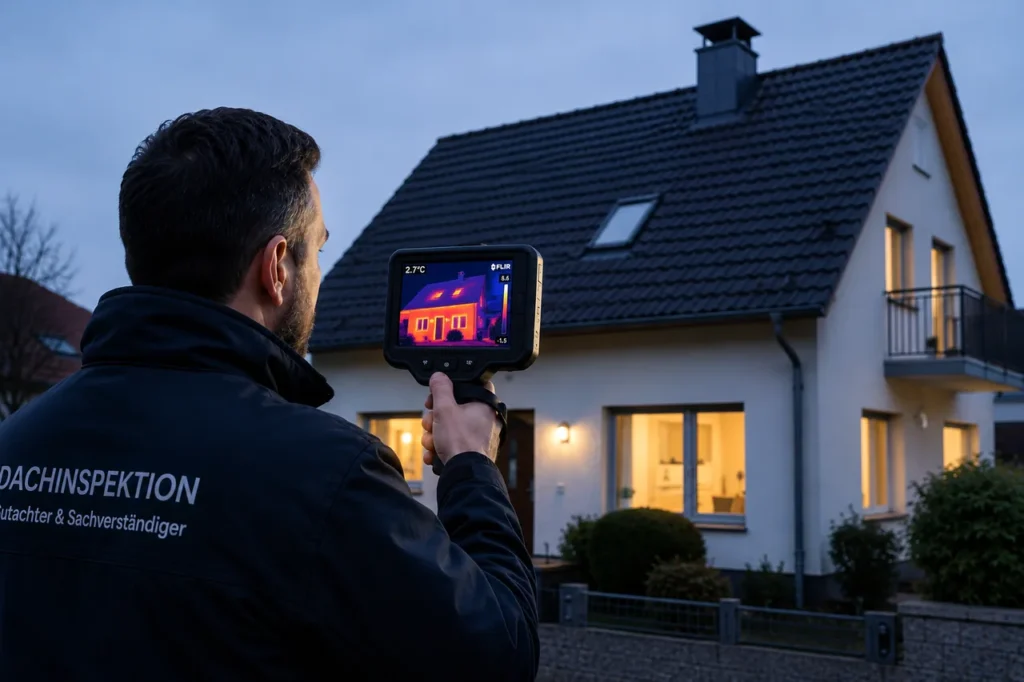 Sachverständiger untersucht ein Einfamilienhaus in der Dämmerung mit einer Wärmebildkamera auf versteckte Wärmeverluste und Feuchtestellen.