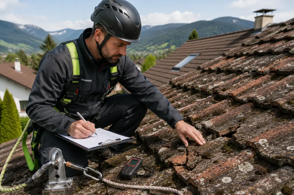 Gesicherter Dachdecker mit Helm kniet auf einem bemoosten Ziegeldach, notiert seinen Befund und begutachtet vor einer Dachreinigung einen beschädigten Ziegel.