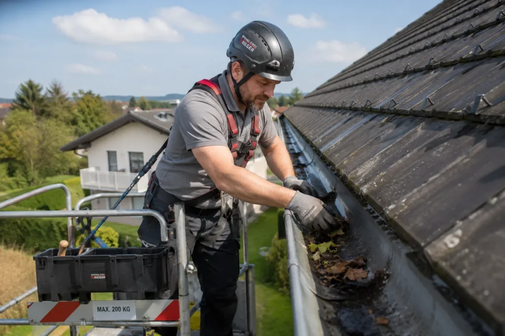 Ein mit Helm und Sicherheitsgeschirr ausgestatteter Fachmann entfernt vom Gerüst aus bei der professionellen Reinigung feuchtes Laub aus der verstopften Dachrinne.