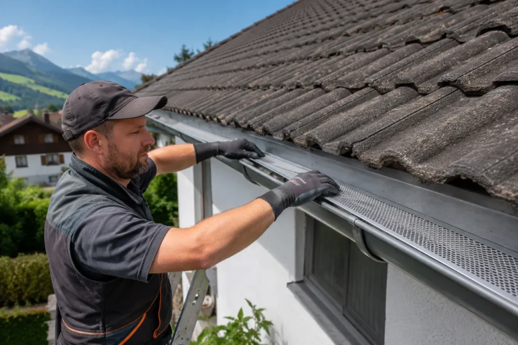 Ein Handwerker montiert an der Traufe ein Laubschutzgitter über der Dachrinne, um ein erneutes Überlaufen der Dachrinne durch Verstopfung dauerhaft zu verhindern.