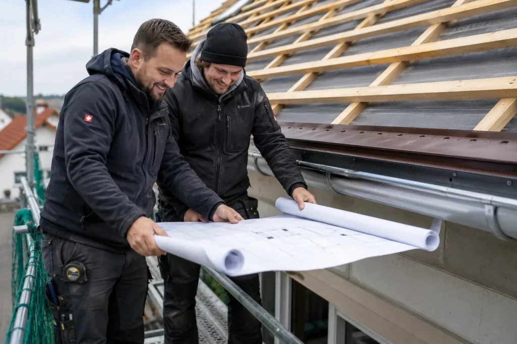 Dachdecker verlegt auf dem Gerüst Dachziegel – fachgerechte Ausführung der Eindeckung.