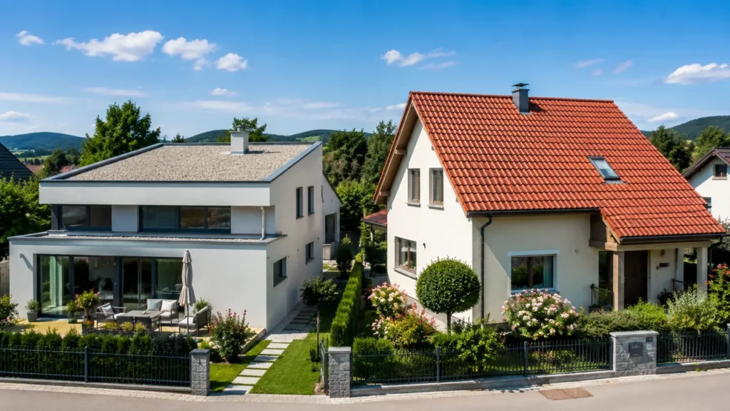 Gegenüberstellung von Flachdach und Satteldach als Vergleich der Sanierungskosten.
