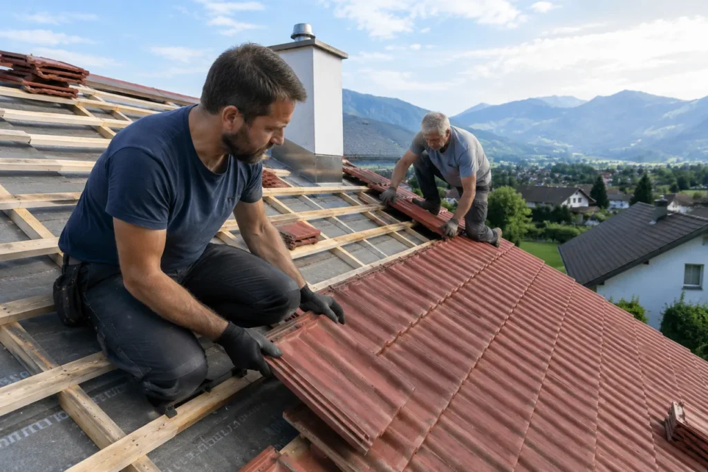 Sanierung eines Satteldachs mit neuer Ziegeleindeckung und Spenglerarbeiten.