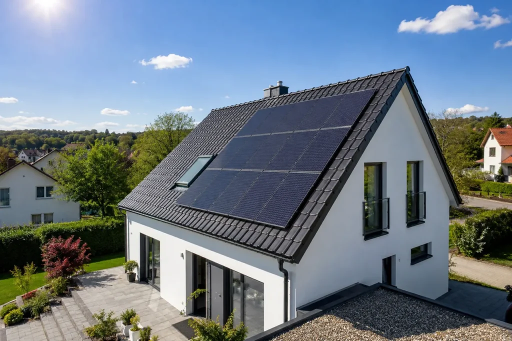 Fertig saniertes Steildach eines Einfamilienhauses mit neuer Eindeckung.