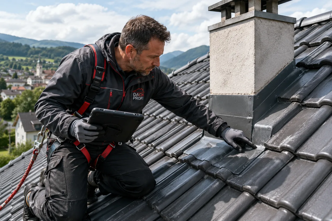 Dachdecker prüft mit einem Tablet die fertige Dacheindeckung und den Kaminanschluss auf mögliche Mängel im Rahmen der Gewährleistung.