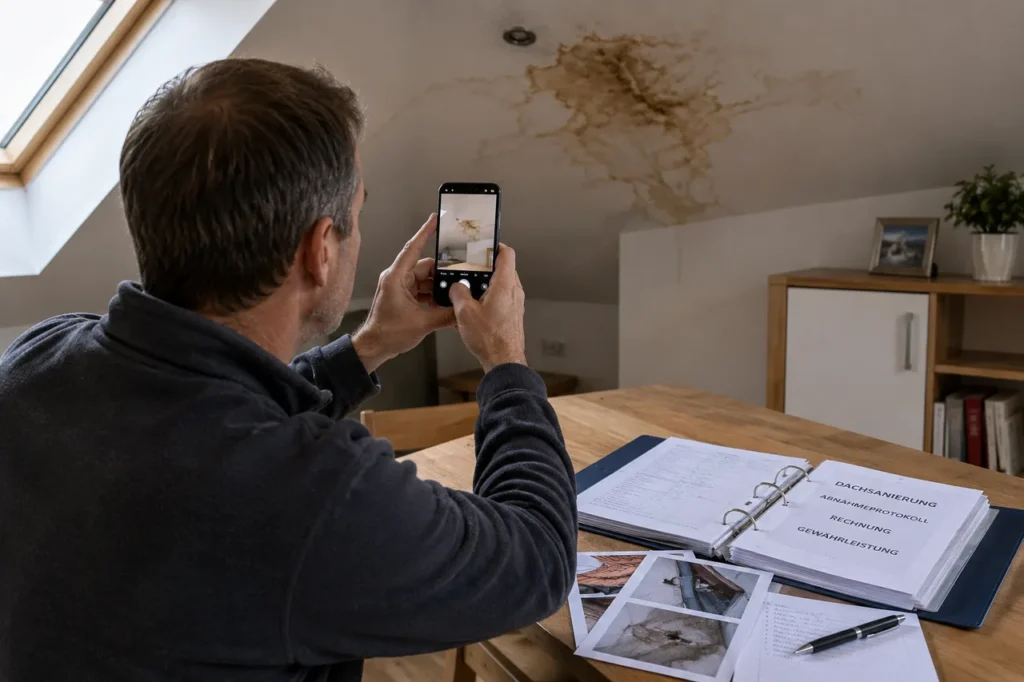 Hauseigentümer fotografiert mit dem Smartphone einen Wasserfleck an der Dachschräge und dokumentiert den Mangel neben einem Ordner für Abnahmeprotokoll und Gewährleistung.