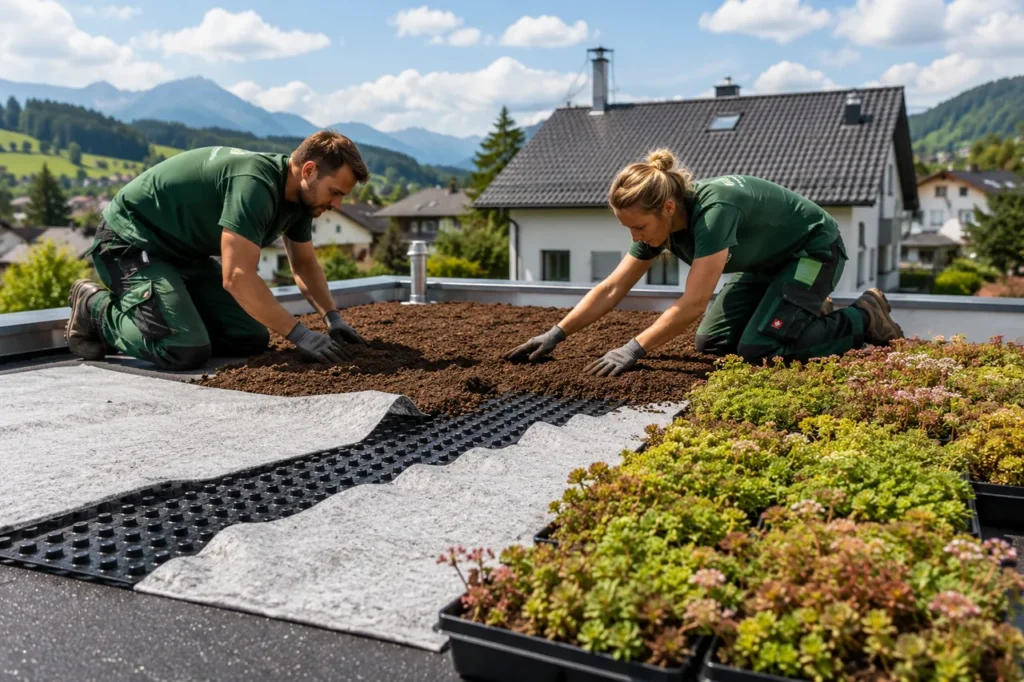 Zwei Fachkräfte verteilen beim Anlegen eines Gründachs das Substrat auf Drän- und Filterschicht eines Flachdachs, daneben stehen Schalen mit Sedumpflanzen bereit.