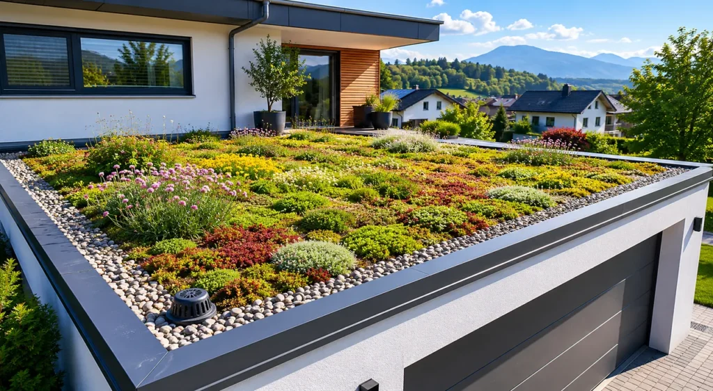 Farbenfroh bepflanztes extensives Gründach mit Sedum und Blüten auf einem flachen Garagendach, umlaufender Kiesstreifen und Dachablauf vor einem modernen Wohnhaus.