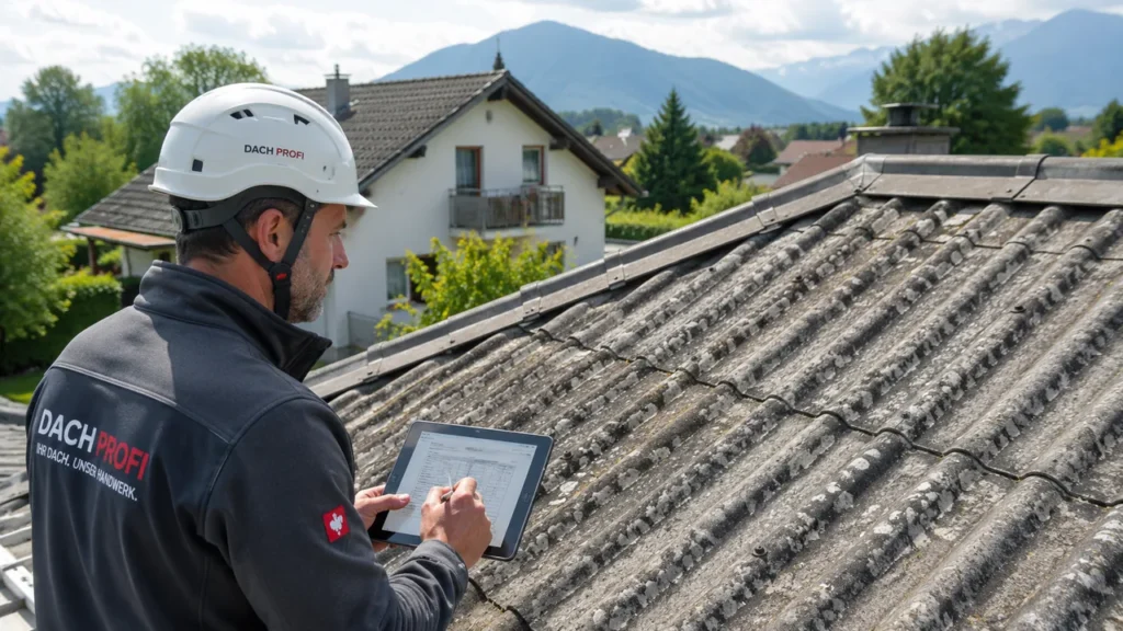 Ein Dachdecker mit Schutzhelm dokumentiert auf einem Tablet den Zustand einer alten, asbesthaltigen Welleternit-Dacheindeckung vor der Asbestsanierung.