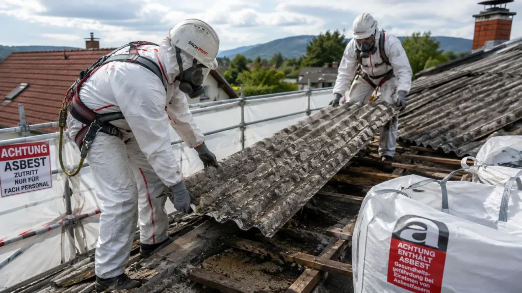 Zwei Arbeiter in weißen Schutzanzügen und mit Atemschutzmasken demontieren bei der Asbestsanierung vorsichtig asbesthaltige Wellplatten vom Dach, daneben ein gekennzeichneter Big-Bag mit Warnschild „Achtung Asbest“.