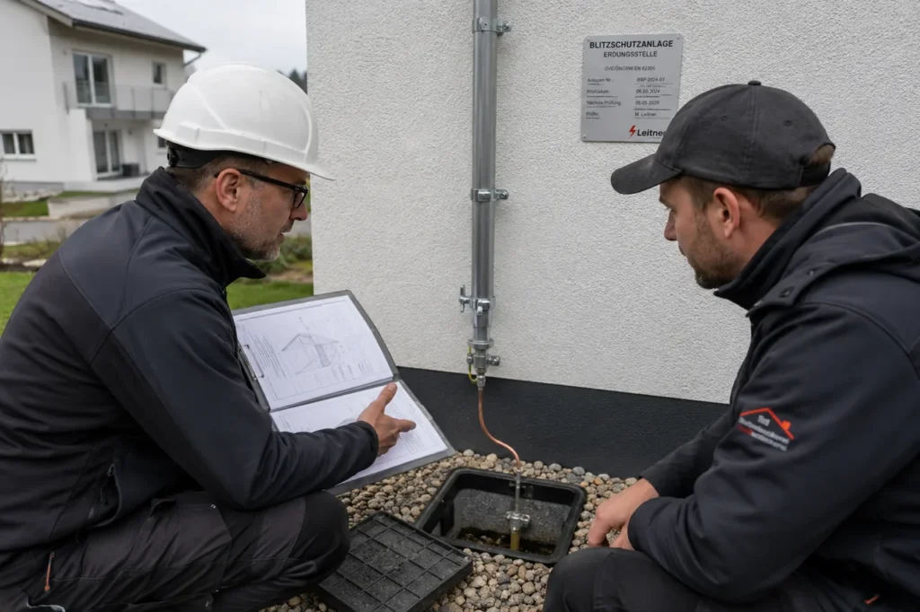 Zwei Fachhandwerker prüfen anhand von Plänen die Erdungsstelle einer Blitzschutzanlage, an der die Ableitung über den Erdungsanschluss in den Boden geführt wird.