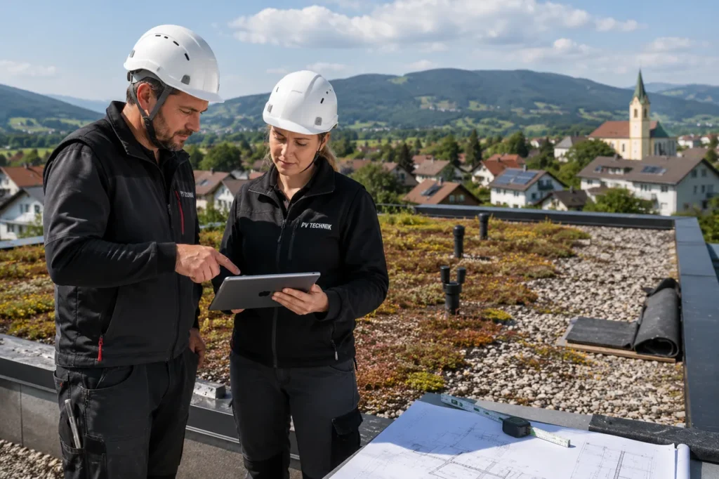 Zwei Fachhandwerker mit Schutzhelmen besprechen auf einem begrünten Flachdach anhand von Plänen und Tablet den Aufbau der Dachbegrünung.