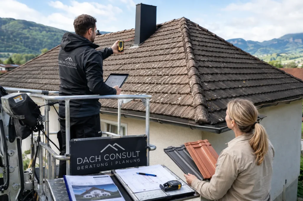 Ein Fachhandwerker vermisst von einer Hebebühne aus mit einem Laser-Distanzmesser und Tablet ein altes Ziegeldach, während eine Frau daneben verschiedene Dachziegel-Muster für die neue Dacheindeckung vergleicht.