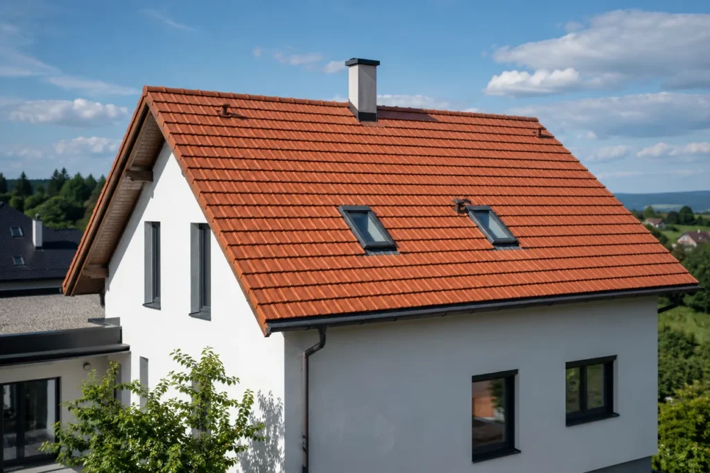 Einfamilienhaus mit neuer roter Ziegel-Dacheindeckung, Schornstein und zwei Dachfenstern unter blauem Himmel.