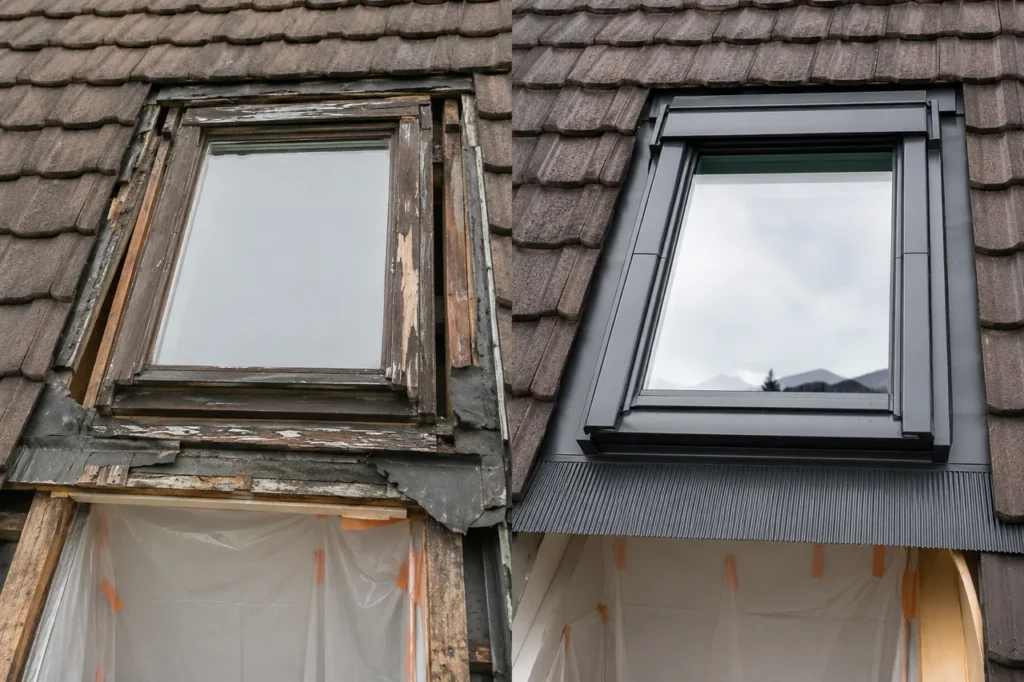 Vorher-nachher-Vergleich beim Austausch eines Dachfensters: links das alte, verwitterte Holzfenster im Ziegeldach, rechts das neue, dunkle Dachfenster mit sauberem Eindeckrahmen.