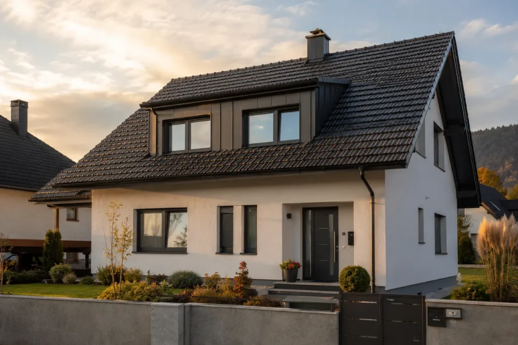 Einfamilienhaus mit dunklem Ziegeldach und einer breiten, metallverkleideten Dachgaube mit zwei Fenstern, die im Dachgeschoss zusätzlichen Wohnraum schafft.