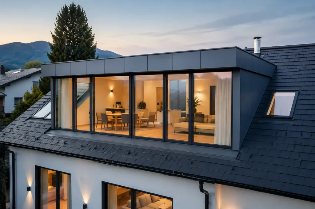 Moderne Flachdachgaube mit großer Glasfront und dunkler Metallverkleidung auf einem Schieferdach, durch die abends der beleuchtete Wohnraum sichtbar ist.