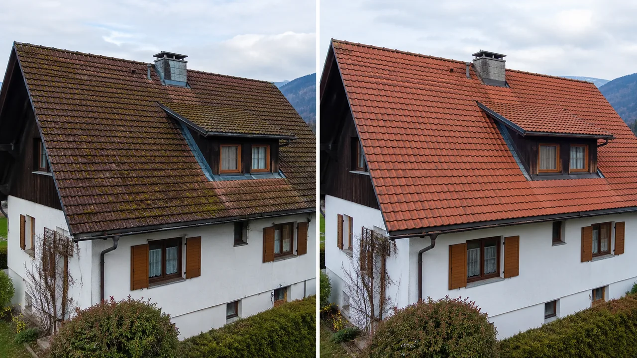 Vorher-nachher-Vergleich einer Dachreinigung: links das moosbewachsene, verschmutzte Ziegeldach, rechts dasselbe Dach nach der Reinigung wieder in klarem Rotton.