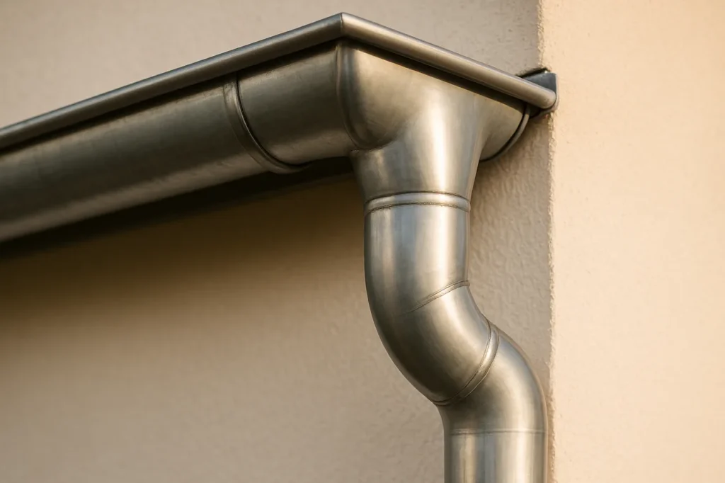 Detailaufnahme einer neuen Dachrinne aus Metall mit dem an der Fassade herabgeführten Fallrohr samt Etagenversatz.