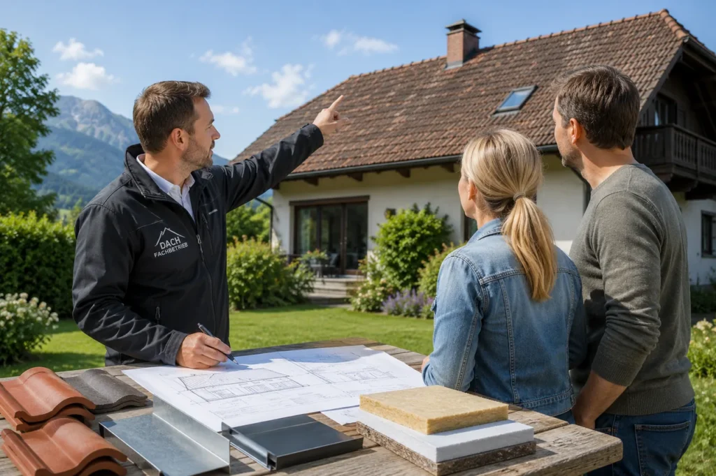 Ein Fachhandwerker zeigt einem Paar im Garten das sanierungsbedürftige Dach ihres Hauses und bespricht die Dachsanierung anhand von Plänen und Materialmustern wie Ziegeln und Dämmstoff.