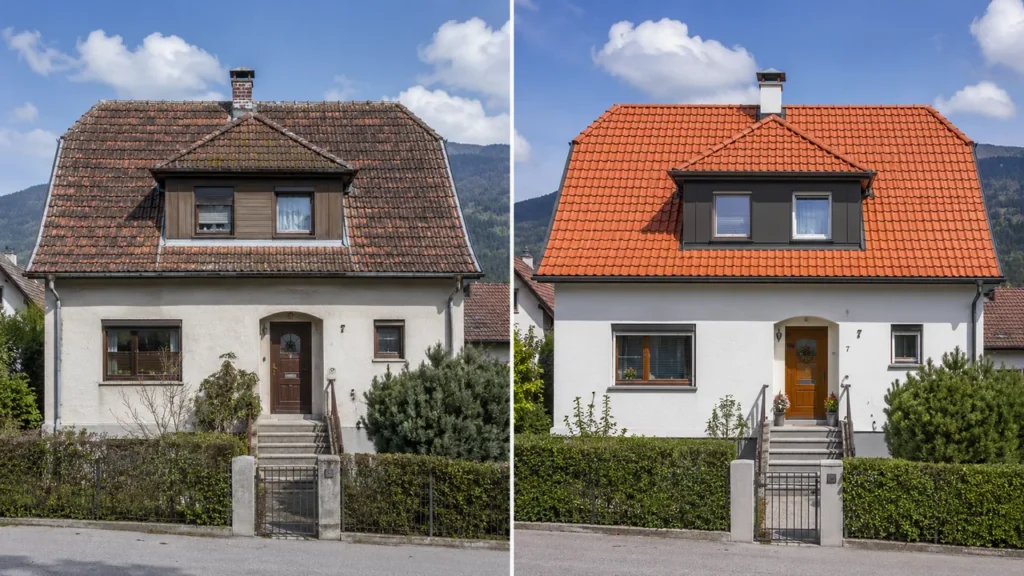Vorher-nachher-Vergleich einer Dachsanierung: links das alte, bemooste Ziegeldach mit Holzgaube, rechts dasselbe Haus mit neuer roter Dacheindeckung und moderner Gaubenverkleidung.