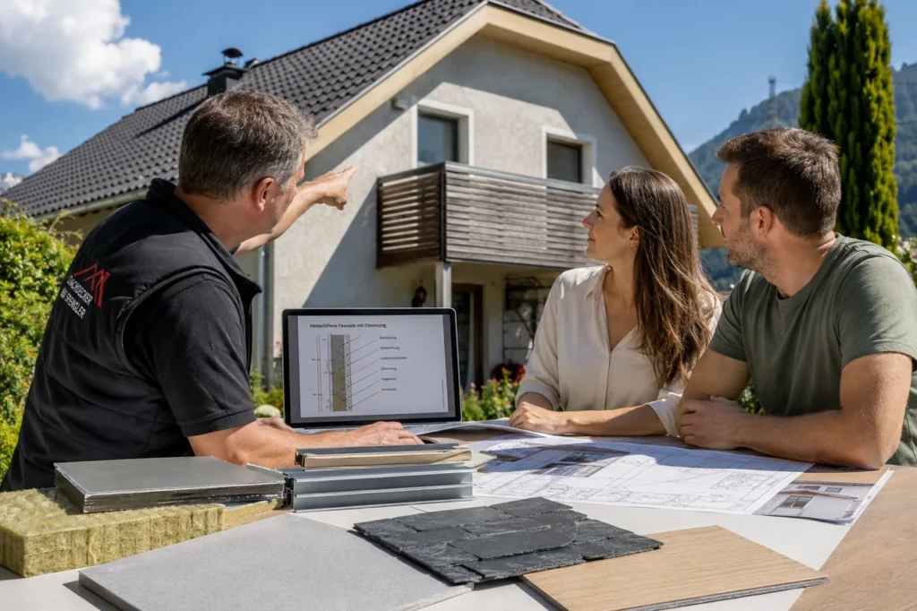 Ein Fachhandwerker berät ein Paar vor ihrem Haus zu den Fassadenarbeiten und erläutert am Tablet den Aufbau einer hinterlüfteten Fassade mit Dämmung, daneben liegen Muster wie Schieferplatten und Dämmstoff.