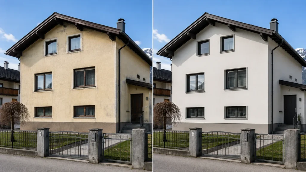 Vorher-nachher-Vergleich einer Fassadensanierung: links die alte, vergilbte und verschmutzte Putzfassade, rechts dasselbe Haus mit frisch sanierter, hell verputzter Fassade.
