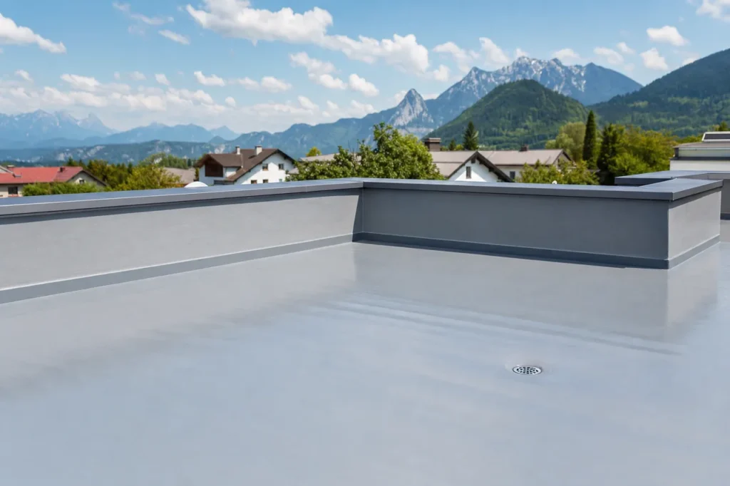 Fertig abgedichtetes Flachdach mit fugenloser grauer Abdichtung, hochgezogener Attika mit Metallabdeckung und Dachablauf vor Bergkulisse.
