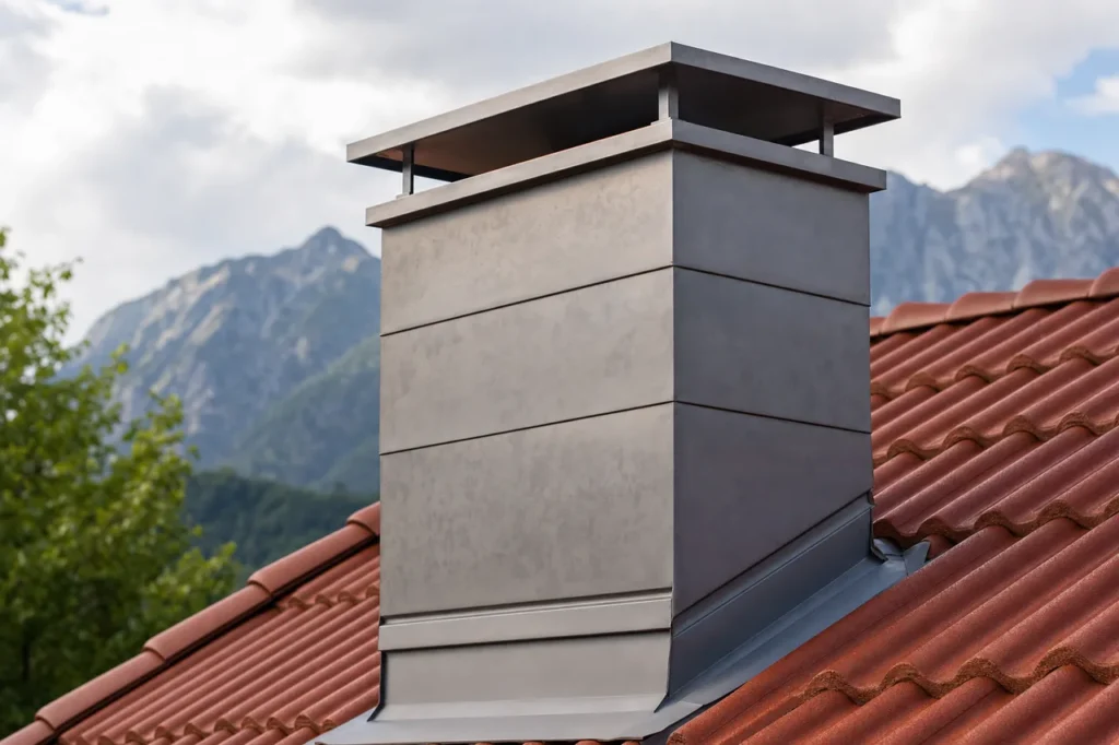 Detailaufnahme eines verkleideten Kaminkopfs mit grauen Faserzementplatten und dunkler Metall-Abdeckhaube auf einem roten Ziegeldach vor Bergkulisse.