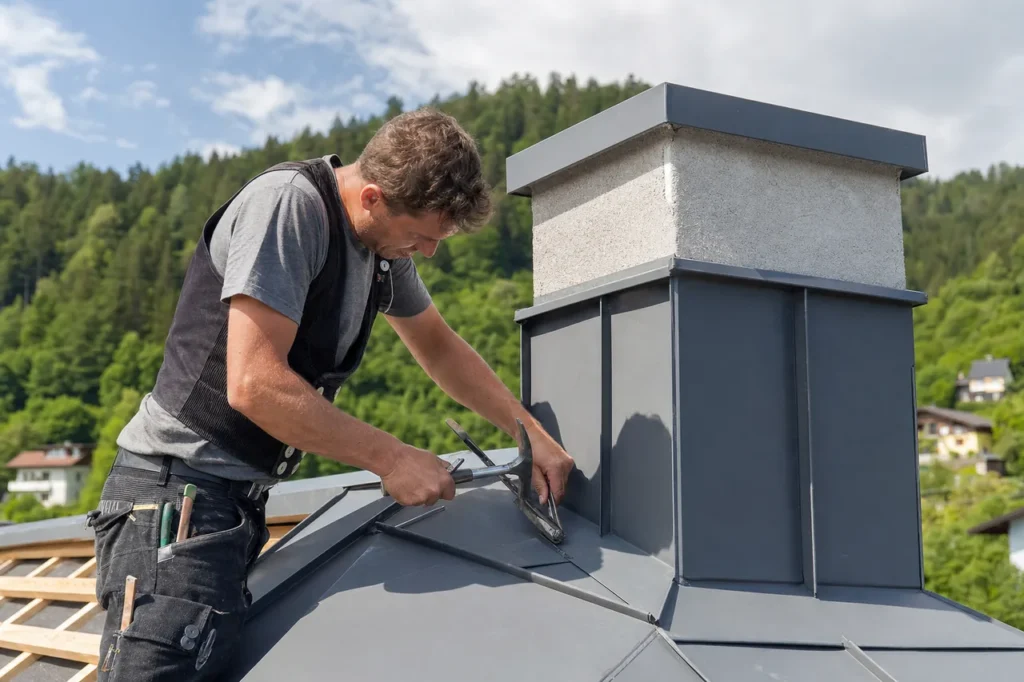 Ein Spengler passt bei der Schornsteinverkleidung mit dem Hammer die dunkle Metallbekleidung rund um den Schornstein an, dessen Kopf noch unverkleidet ist.