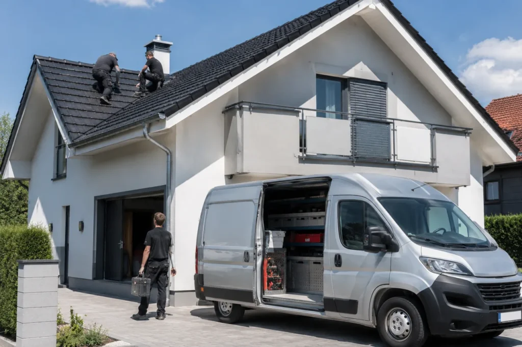Ein Spengler-Team beim Kunden vor Ort: Vor dem Haus steht der geöffnete Servicetransporter mit Werkzeug, während zwei Handwerker am Dach in der Nähe des Schornsteins arbeiten.