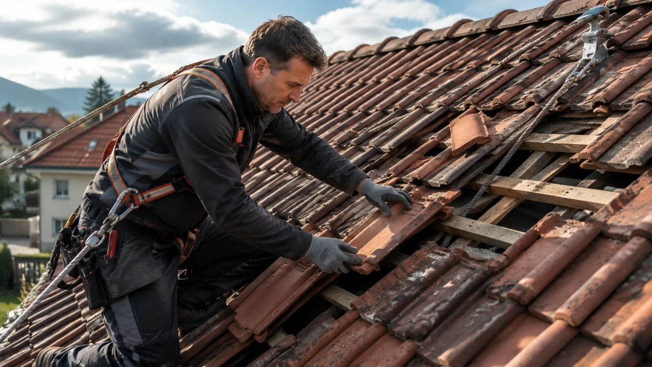 Gesicherter Dachdecker setzt auf einem roten Steildach nach einem Sturm verrutschte und fehlende Dachziegel wieder ein.