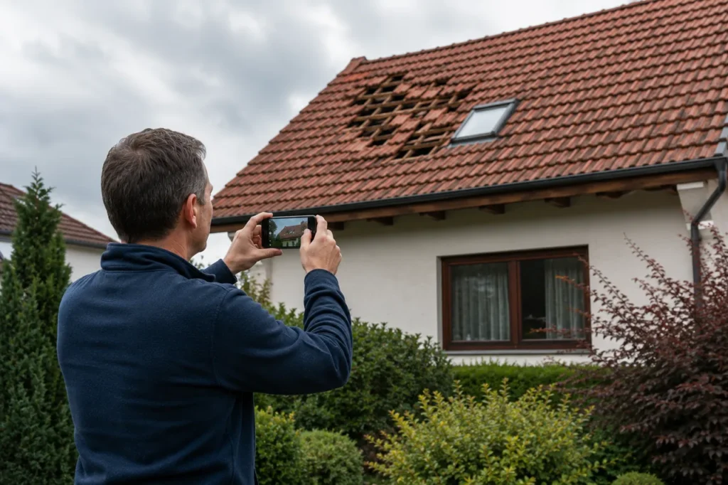 Hauseigentümer fotografiert mit dem Smartphone den Sturmschaden am Ziegeldach für die Meldung an die Versicherung.