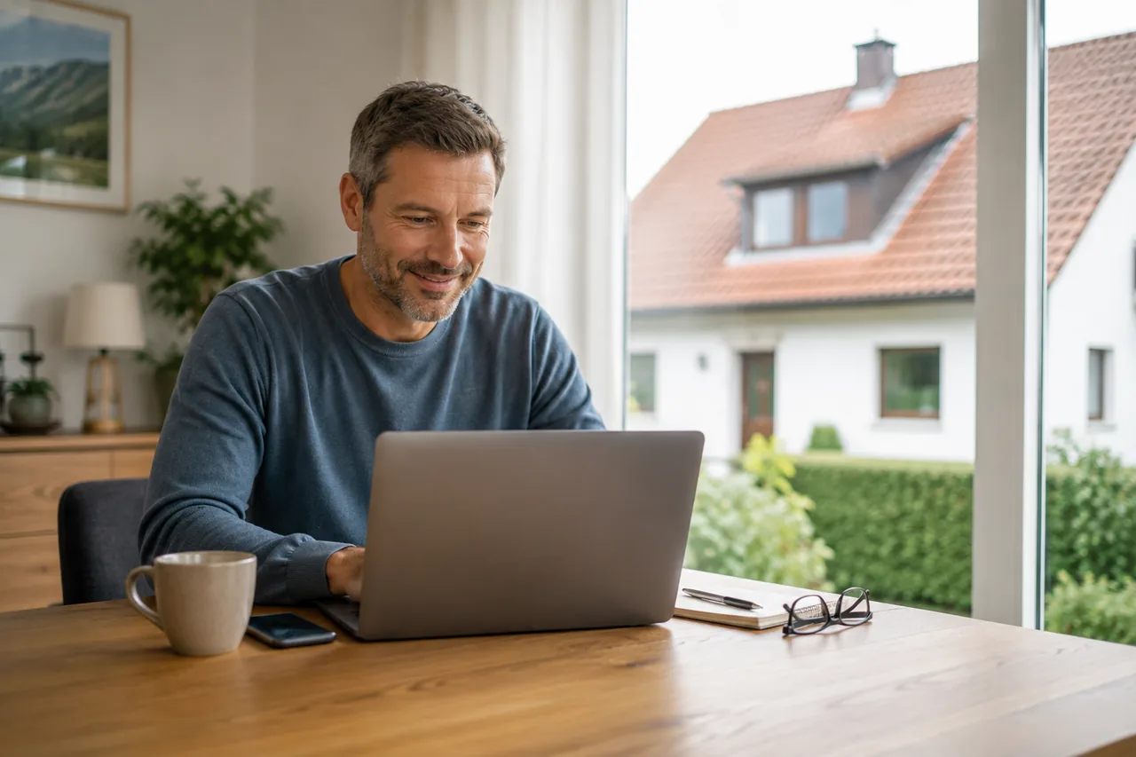 Mann sucht am Laptop nach passenden Dachdeckern
