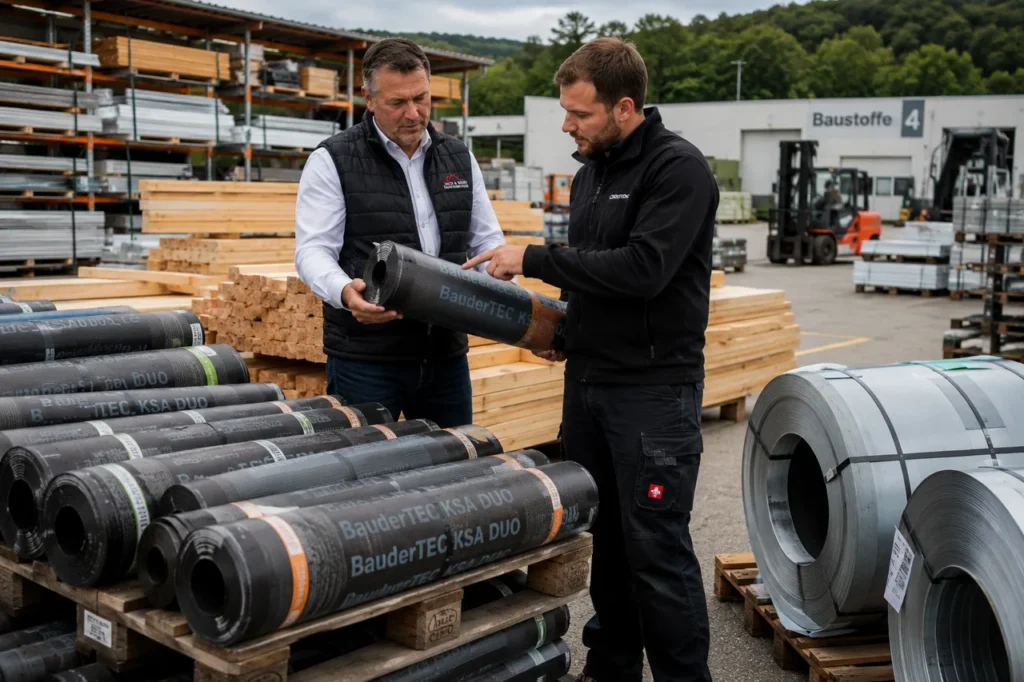 Zwei Maenner stehen im Freien auf einem Baustoffhof und begutachten gemeinsam eine Rolle Bitumen-Dachbahn, umgeben von Paletten mit Dachbahnen, Schnittholz und Metallcoils – ein Bild fuer den Austausch mit Lieferanten bei schwankenden Materialpreisen.