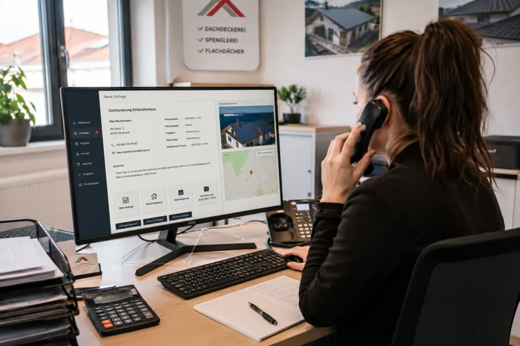 Bueromitarbeiterin eines Dachdeckerbetriebs telefoniert und beantwortet am Monitor eine eingegangene Kundenanfrage zu einer Dachsanierung, die in einer Verwaltungssoftware mit Kundendaten und Kartenausschnitt angezeigt wird.